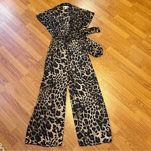 Michael Kors Leopard Print Wide Leg Tie Waist Jumpsuit - Size XS